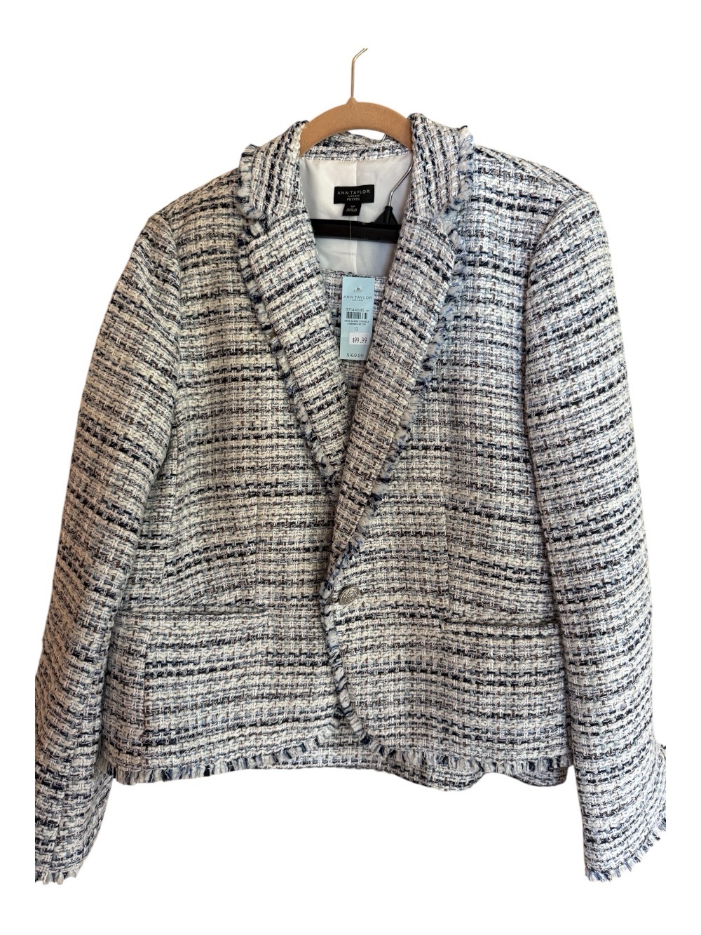 Anne Klein white and blue with pink Tweed Fringe-Trim Blazer and skirt 12P
